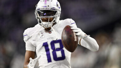 Justin Jefferson of the Minnesota Vikings had a message for Randy Moss after a touchdown on Monday night. (Photo by Stephen Maturen/Getty Images)