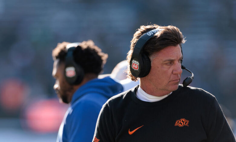 BOULDER, COLORADO - NOVEMBER 29: Head coach Mike Gundy of the Oklahoma State Cowboys looks on during the first quarter against the Colorado Buffaloes at Folsom Field on November 29, 2024 in Boulder, Colorado. (Photo by Andrew Wevers/Getty Images)