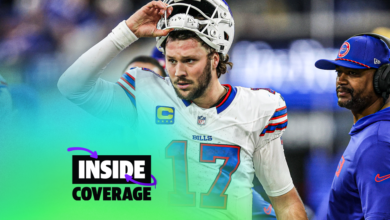 INGLEWOOD, CALIFORNIA - DECEMBER 08: Josh Allen #17 of the Buffalo Bills reacts in the fourth quarter of a game against the Los Angeles Rams at SoFi Stadium on December 08, 2024 in Inglewood, California. (Photo by Harry How/Getty Images)