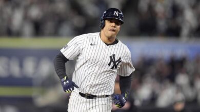 New York Yankees' Juan Soto runs the bases after hitting a home run against the Cleveland Guardians during the third inning in Game 1 of the baseball AL Championship Series Monday, Oct. 14, 2024, in New York. (AP Photo/Frank Franklin II)